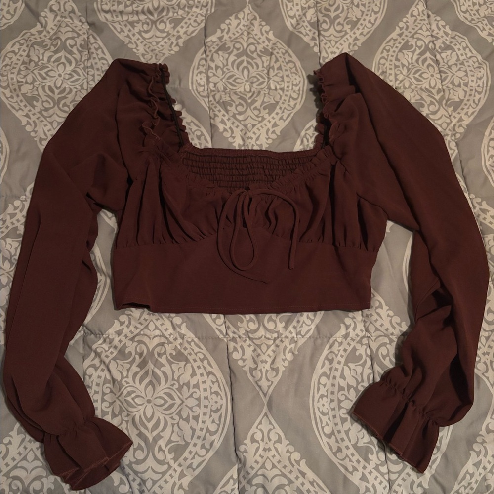 Women’s Long Sleeve Ruched Square-Neck Crop Top - Brown